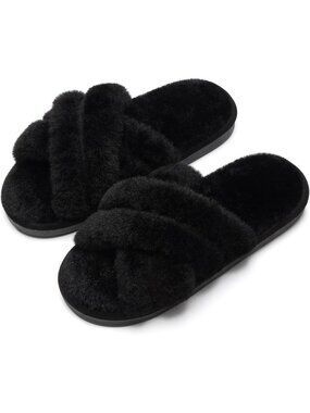 Women's Black Matte Fuzzy Cross Band Memory Foam House Open Toe Slipper Shoes